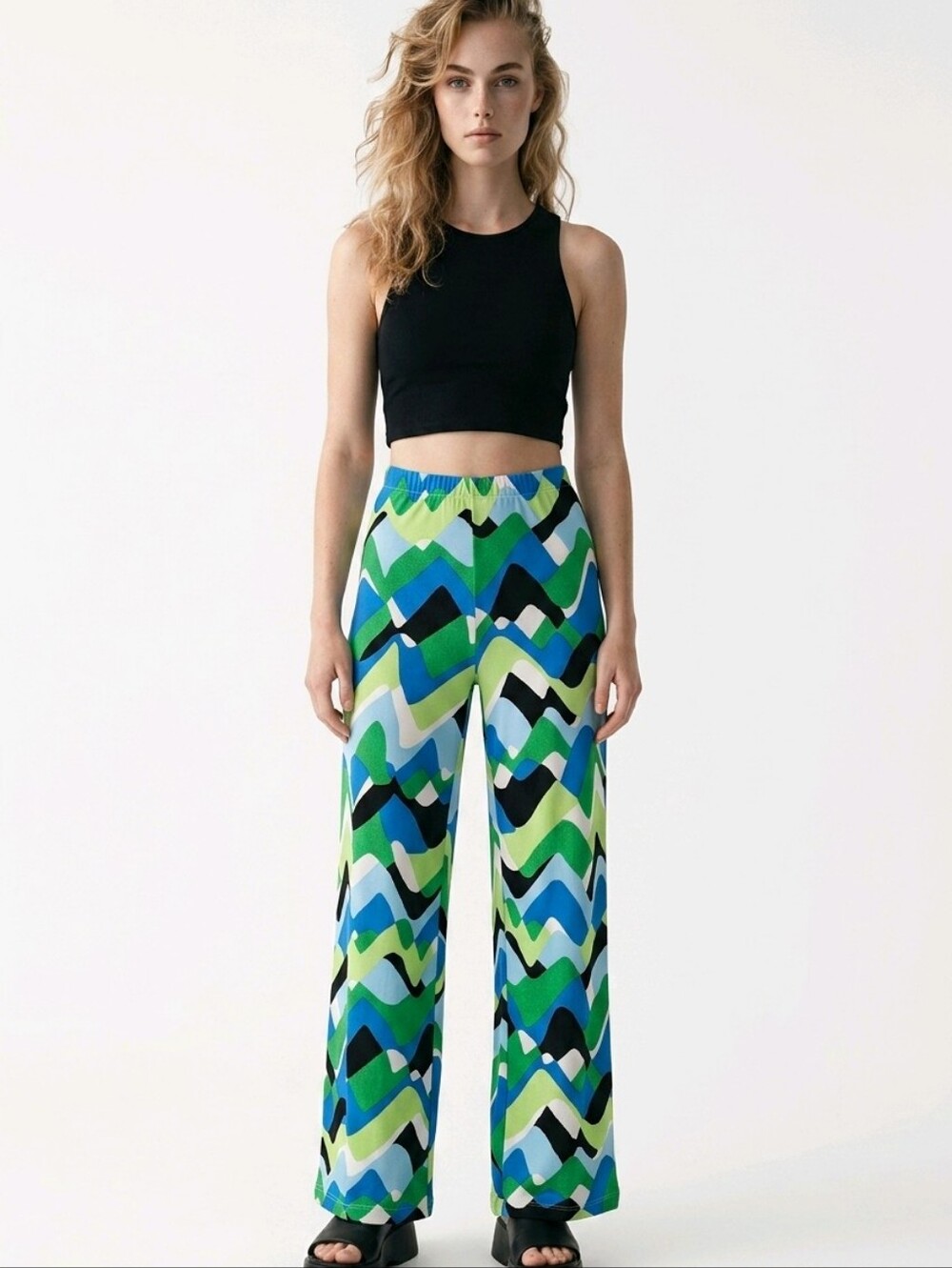 Wide-Leg Geo Print Pants in Blue & Green